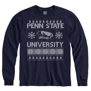 navy long sleeve holiday t-shirt with Penn State University, Lion Shrine, trees, and snowflakes